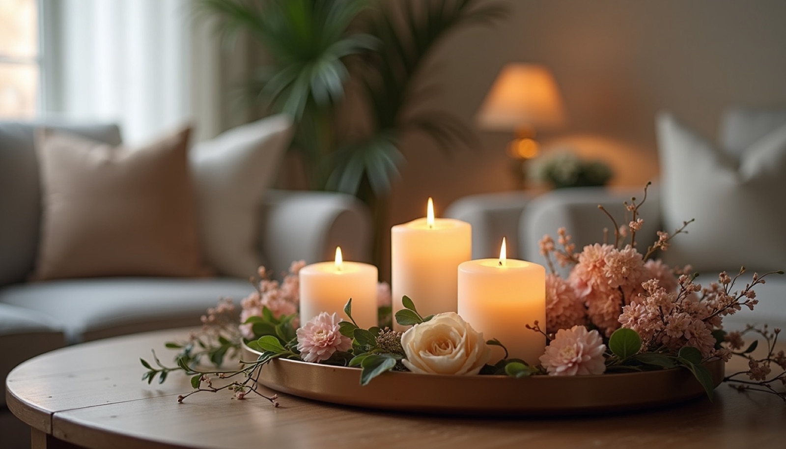 Close-up view of a decorative tray with candles and flowers on a coffee table