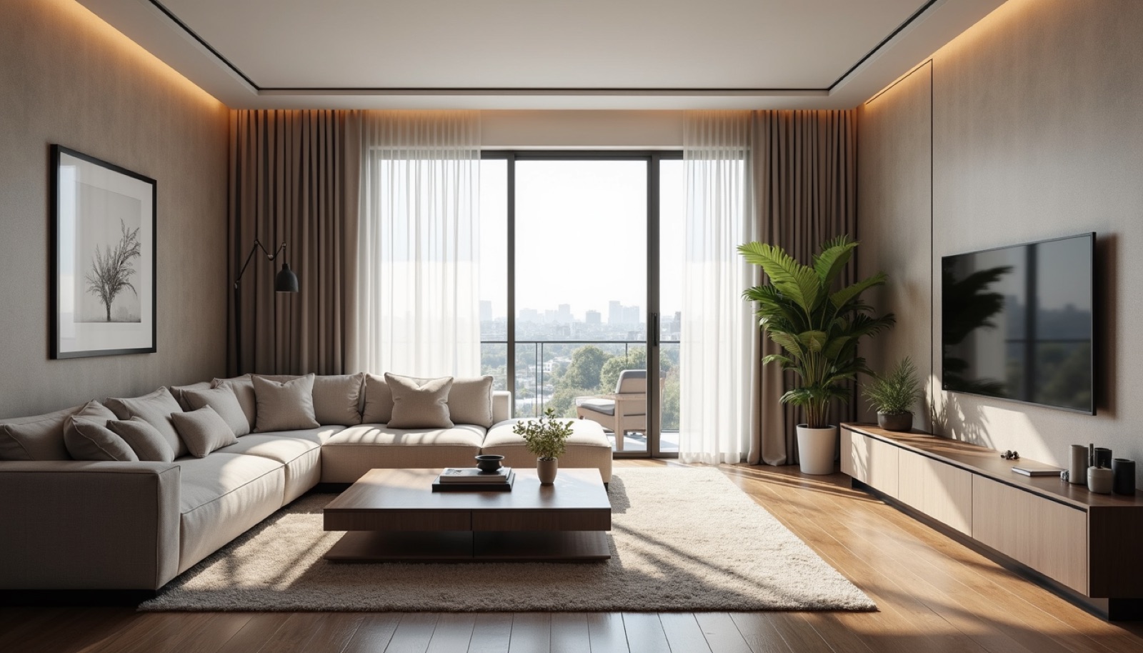 High angle view of a modern living room designed by professional interior designers
