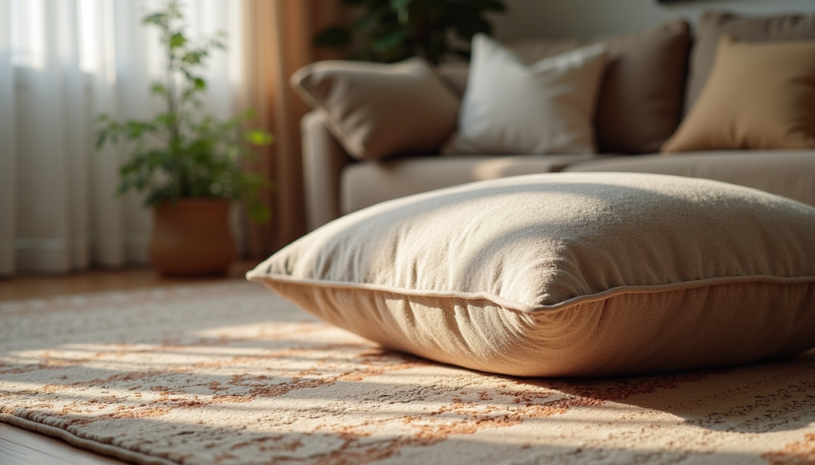 Close-up view of a textured cushion and patterned rug in a living room