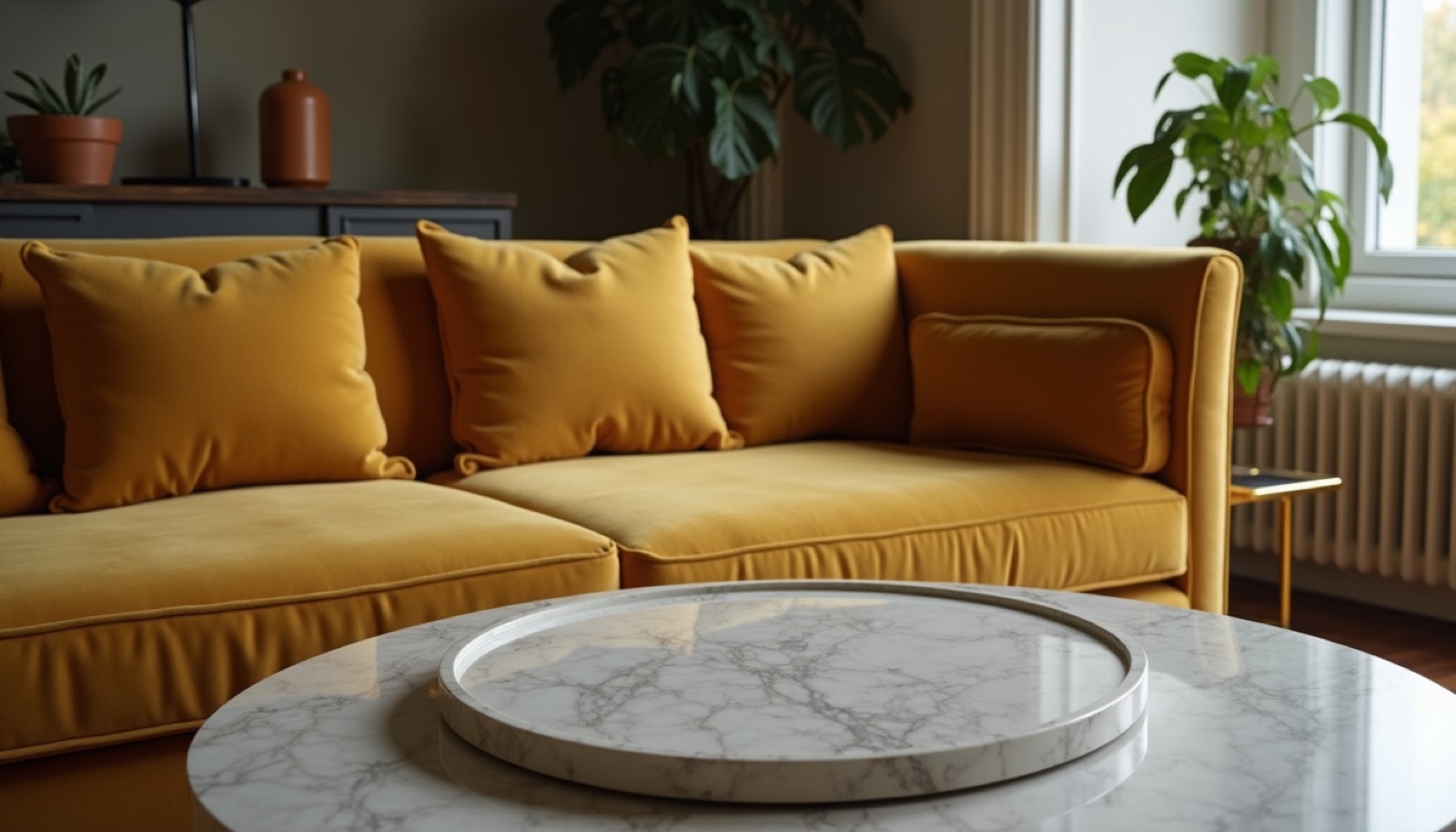 Close-up of a velvet sofa with brass accents and marble coffee table