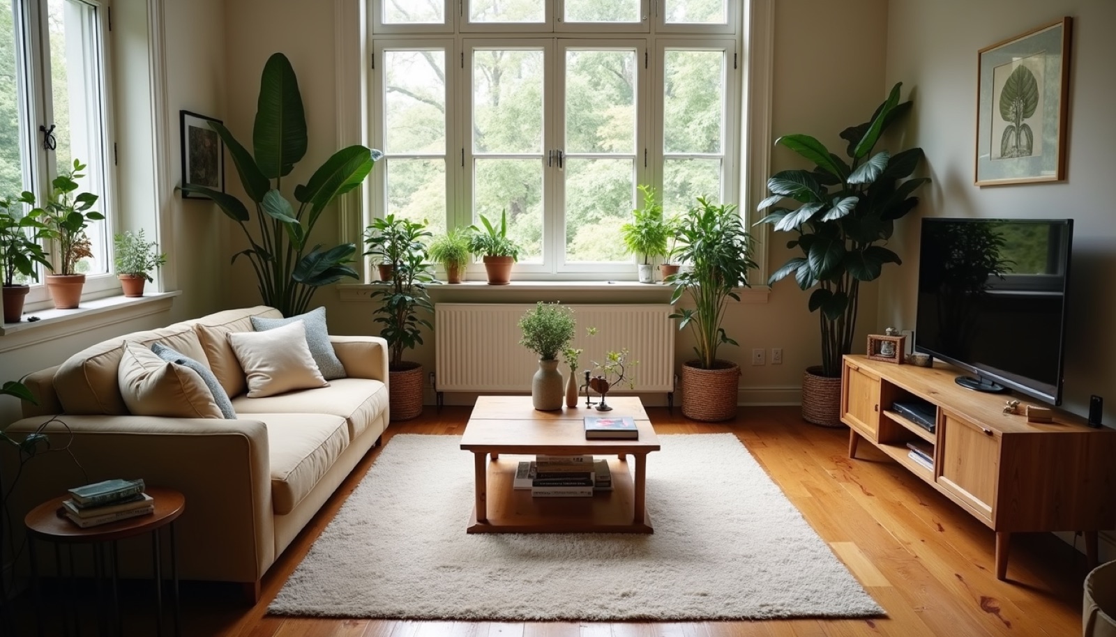 High angle view of a living room with reclaimed wood furniture and indoor plants