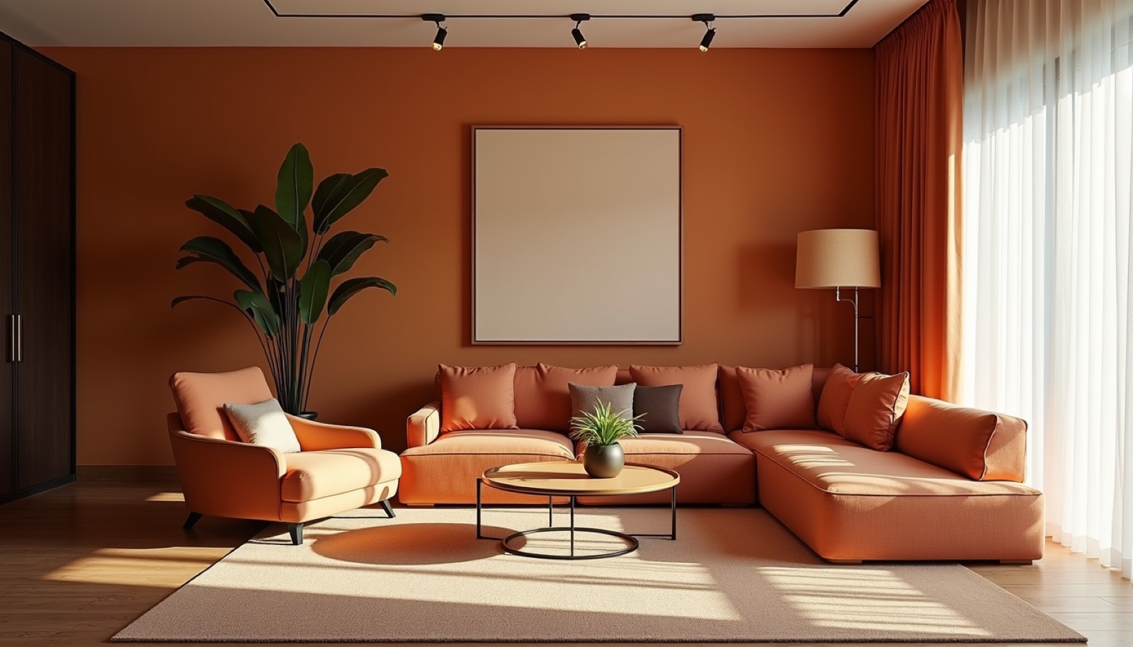 Wide angle view of a luxurious Gurugram living room with bold colors and bespoke furniture